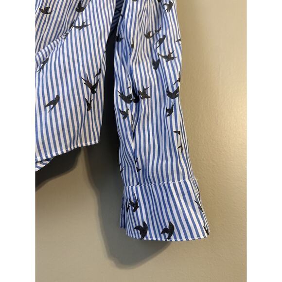 Express Blue Striped Bird Off Shoulder Shirt Blouse Top Size Small Peasant Crop - Picture 6 of 13